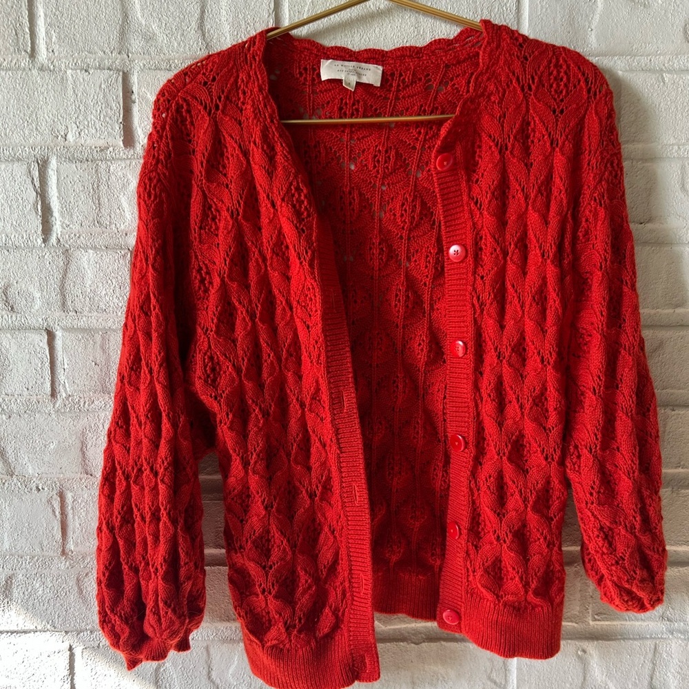 Sezane Red Openwork Knit Cardigan
